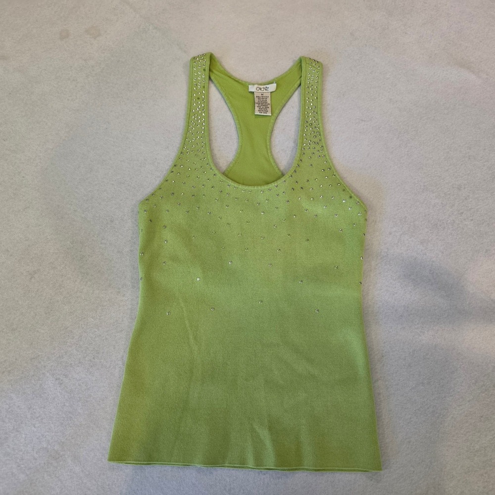Cache Lime Green Silk Blend Rhinestone Racerback Tank Top Built-in Bra Medium